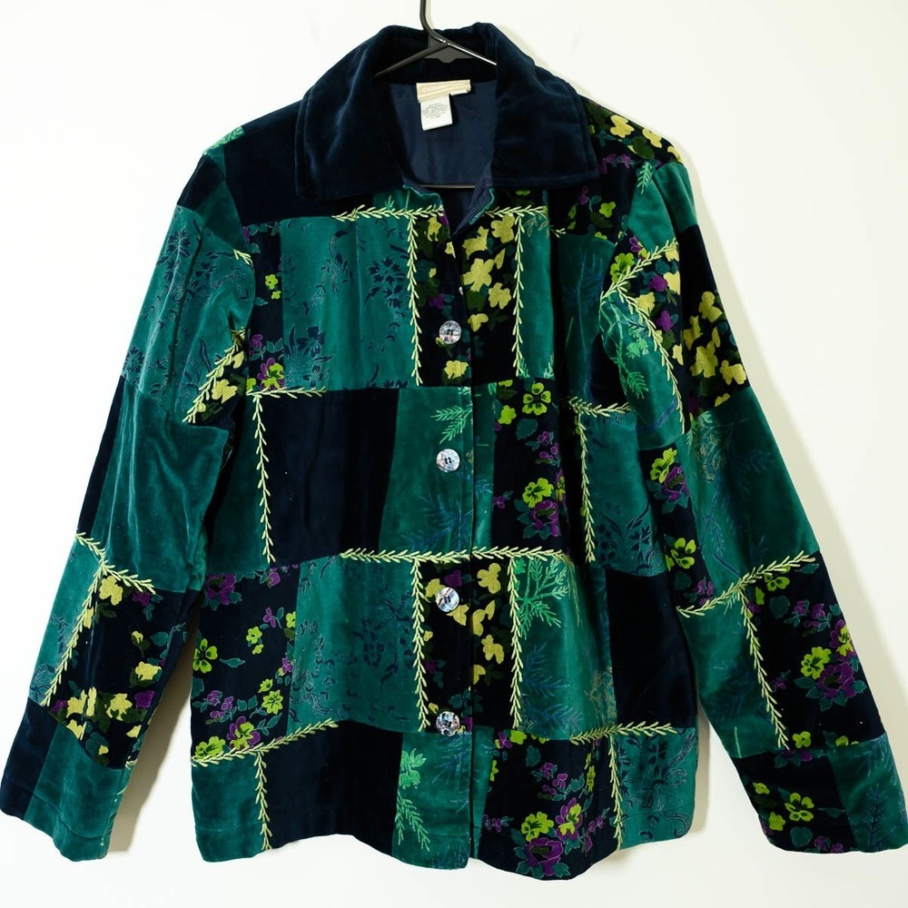 Coldwater Creek Blazer Jacket Patchwork S Green Blue Artsy Art to wear